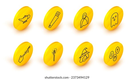 Set line Magic runes, Witch, staff, Spell, Ghost, Mantle, cloak, cape, Hand saw and lamp or Aladdin icon. Vector