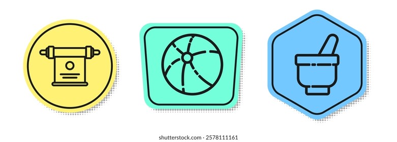 Set line Magic scroll, Beach ball and Magic mortar and pestle. Colored shapes. Vector