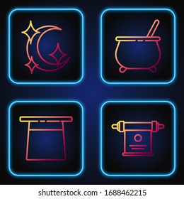 Set line Magic scroll, Magician hat, Moon and stars and Witch cauldron. Gradient color icons. Vector