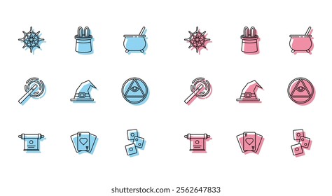 Set line Magic scroll, Playing cards, Spider web, Game dice, Witch hat, Masons, wand and Magician rabbit ears icon. Vector