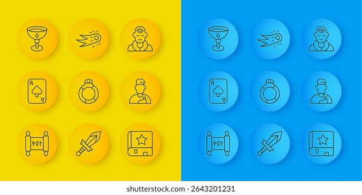 Set line Magic scroll, Playing cards, stone ring with gem, Ancient magic book, Wizard warlock, Medieval goblet,  and Fireball icon. Vector