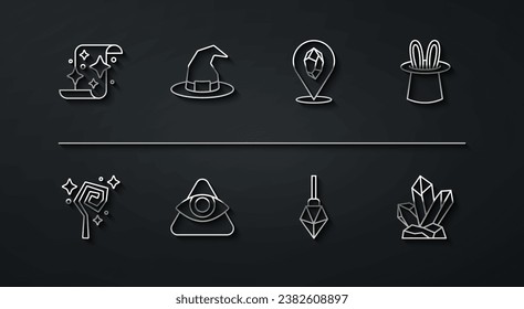 Set line Magic Scroll, Stab, Magier Hut und Kaninchen Ohren, Stein, Allsehende Augen von Gott, Hexe und Symbol. Vektorgrafik