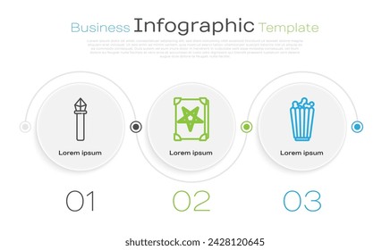 Set line Magic staff, Ancient magic book and Popcorn in box. Business infographic template. Vector