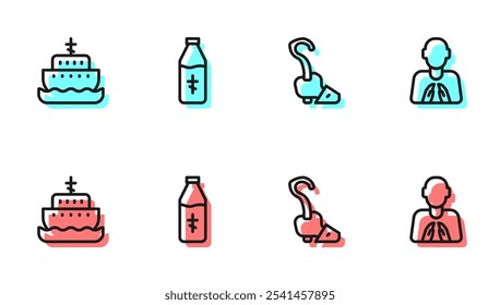 Set line Magic staff, Ark of noah, Holy water bottle and Hands in praying position icon. Vector