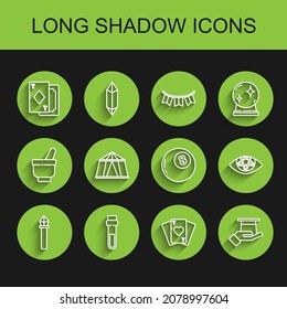 Línea personal de Magic, Bottle con poción de amor, Judas de juego, Mano de sombrero mago, Tienda de circo, Pentagram y icono de bola de predicciones. Vector