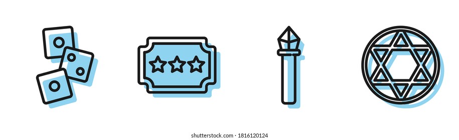 Set line Magic staff, Game dice, Ticket and Star of David icon. Vector