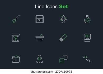 Set line Magic personal, Game dice, Geist, Geldbörse, Antikes magisches Buch, Handsäge, Hexenkessel und Mystery box Symbol. Vektorgrafik