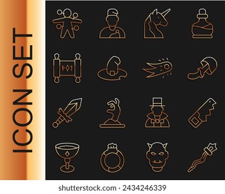 Set line Equipo mágico, sierra de mano, seta de psilocibina, unicornio, sombrero de bruja, pergamino, muñeca vudú e icono de bola de fuego. Vector