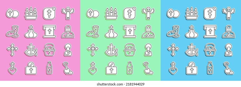 Set line Magic staff, Jesus Christ, Knight crusader, Online church pastor preaching, Church tower, Goblet and bread, Easter egg and Flag with christian cross icon. Vector