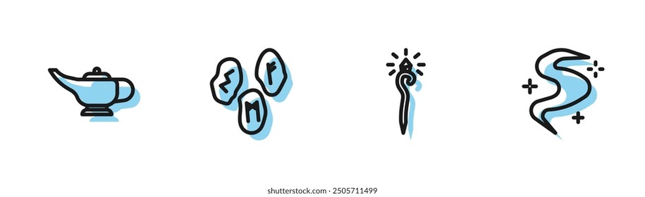 Set line Magic staff, lamp or Aladdin, runes and fog smoke icon. Vector