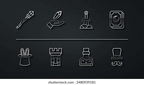 Set line Magic staff, Magician hat and rabbit ears, Tarot cards, Bottle with potion, Castle tower, stone,  and Sword in the icon. Vector