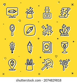 Set line Magic staff, Medieval goblet, stone, Bottle with potion, hand mirror,  and Old magic key icon. Vector