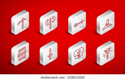 Set line Magic staff, Medieval poleaxe, Arrow, Witch hat, Video game bar, Pickaxe, Dagger and Gun powder barrel icon. Vector