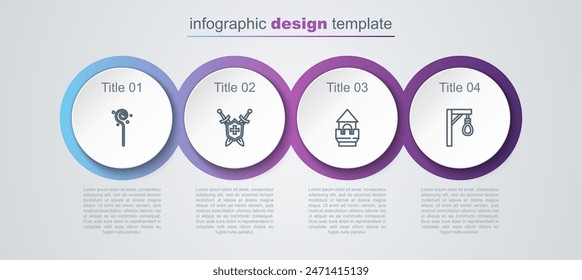 Set line Magic staff, Medieval shield with swords, Castle tower and Gallows. Business infographic template. Vector