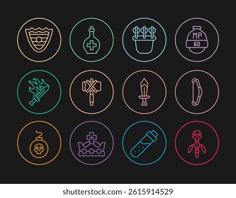 Set line Magic staff, Medieval bow, Quiver with arrows, axe, Sword for game, Shield,  and Bottle potion icon. Vector