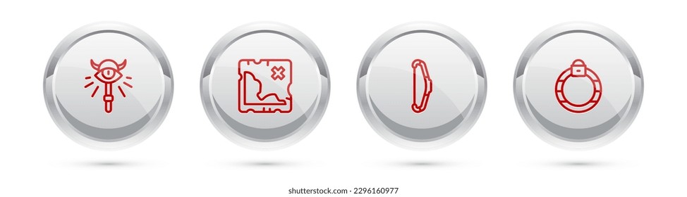 Set line Magic staff, Pirate treasure map, Medieval bow and stone ring. Silver circle button. Vector