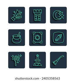 Zauberstab, Schwert in den Stein, Hexen Besen, Mond und Sterne, Zauberbuch, Kessel, Handfeuer und Ikone. Vektorgrafik