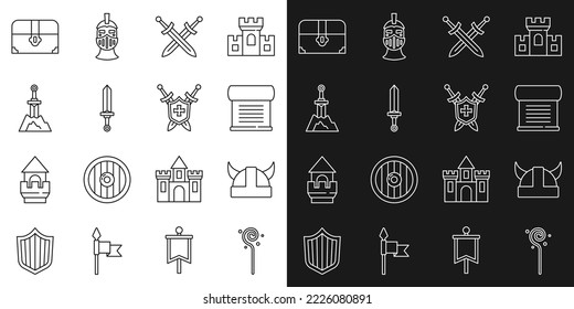 Línea Personal de Magic, Viking en casco de cuerno, Decreto, pergamino, pergamino, espada medieval cruzada, medieval, Espada la piedra, cofre del tesoro antiguo y escudo con icono de espadas. Vector