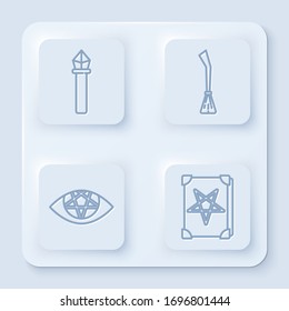 Set line Magic staff, Witches broom, Pentagram and Ancient magic book. White square button. Vector