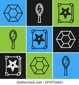 Set line Magic stone, Ancient magic book and Magic hand mirror icon. Vector