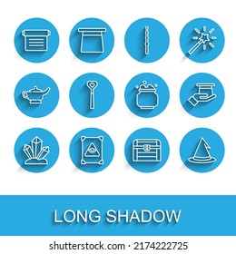Set line Magic stone, Ancient magic book, Antique treasure chest, Witch hat, wand, Magician in hand and cauldron icon. Vector