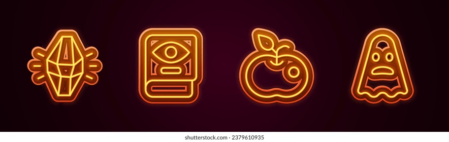 Fijar la línea de la piedra mágica, el libro de magia antigua, la manzana envenenada y el fantasma. Icono de neón brillante. Vector