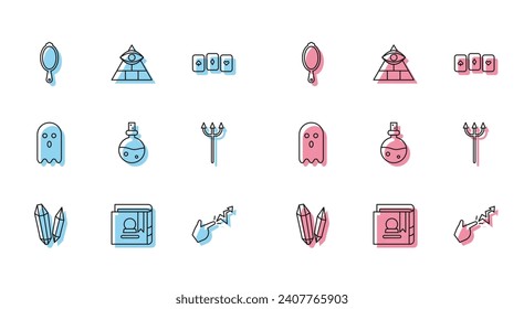 Fijar línea Piedra mágica, libro mágico antiguo, espejo de mano, hechizo, botella con poción de amor, Tridente Neptuno, Fantasma y icono Masones. Vector