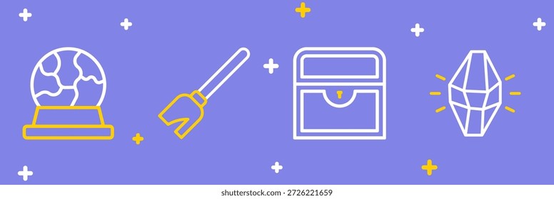 Set line Piedra mágica, cofre del tesoro antiguo, escoba de brujas e icono de bola. Vector