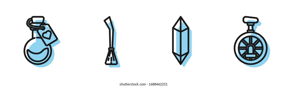 Set Linie Magic Stein, Flasche mit Liebestrank, Hexen Besen und Einrad oder ein Rad-Symbol. Vektorillustration