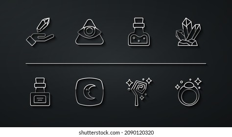 Set line Magic stone, Bottle with potion, staff, Moon and stars, All-seeing eye of God, ring and  icon. Vector