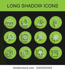 Set line Magic stone, Cannon, Circus tent, Ancient magic book, Magician hat, Spider web and wand icon. Vector