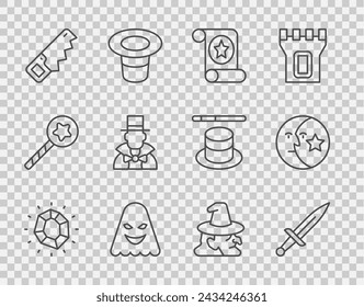 Set line Magic stone, Dagger, scroll, Ghost, Hand saw, Magician, Witch and Moon stars icon. Vector