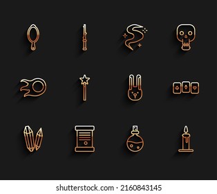 Set line Magic stone, Decree, paper, parchment, scroll, hand mirror, Bottle with love potion, Burning candle in candlestick, wand, Playing cards and Rabbit ears icon. Vector