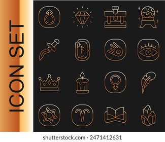 Set line Magic stone, Feather pen, Masons, Bottle with potion, runes, Dagger, Mars and Comet falling down fast icon. Vector