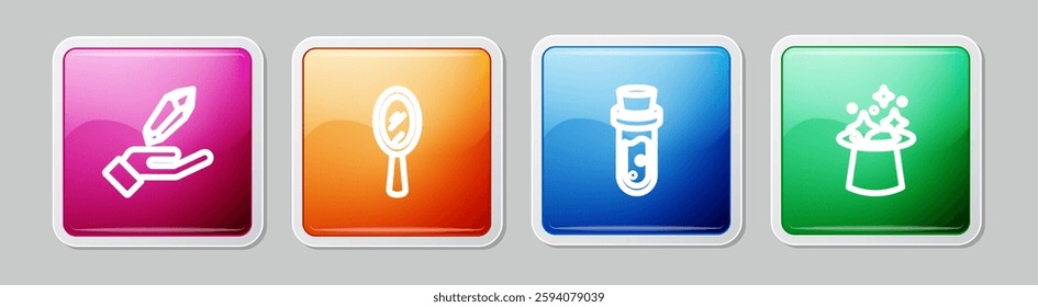 Set line Magic stone, hand mirror, Bottle with potion and hat. Colorful square button. Vector