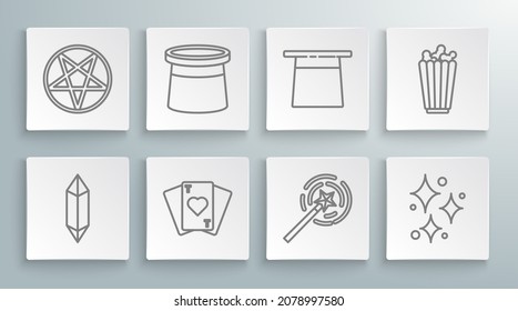 Set line Magic stone, Magician hat, Playing cards, wand, Sparkle stars with magical glitter, Popcorn box and Pentagram circle icon. Vector