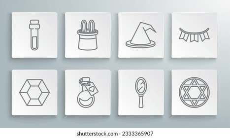 Set Linie Zauberstein, Zauberhut und Kaninchenohren, Flasche mit Liebestrank, Handspiegel, Stern von David, Hexe, Karnevalsfahnen und Ikone. Vektorgrafik