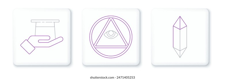 Set line Piedra mágica, Sombrero de mago en la mano e icono de masones. Vector