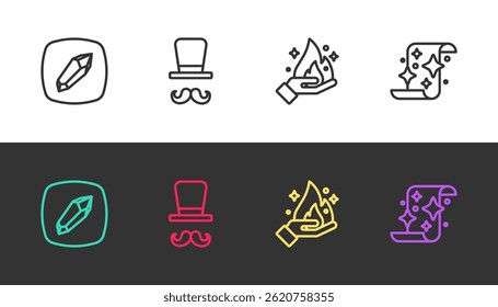 Set line Magic stone, Magician, Hand holding fire and scroll on black and white. Vector