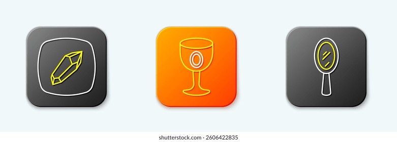Set line Magic stone, Medieval goblet and hand mirror icon. Vector