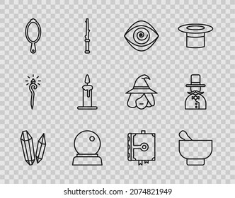 Set line Magic stone, mortar and pestle, Hypnosis, ball, hand mirror, Burning candle in candlestick, Ancient magic book and Magician icon. Vector