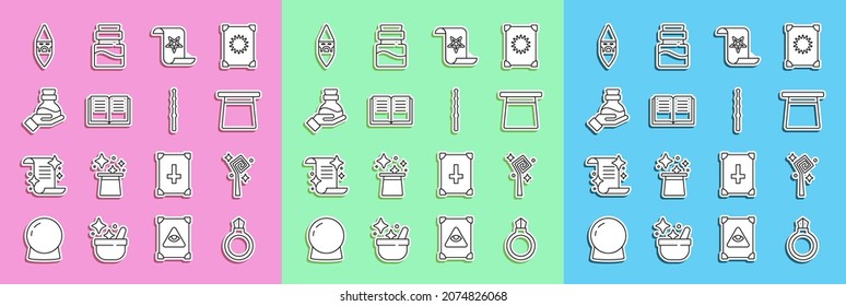 Set line Magic stone ring with gem, staff, hat, Ancient magic book, Bottle potion, Wizard warlock and wand icon. Vector