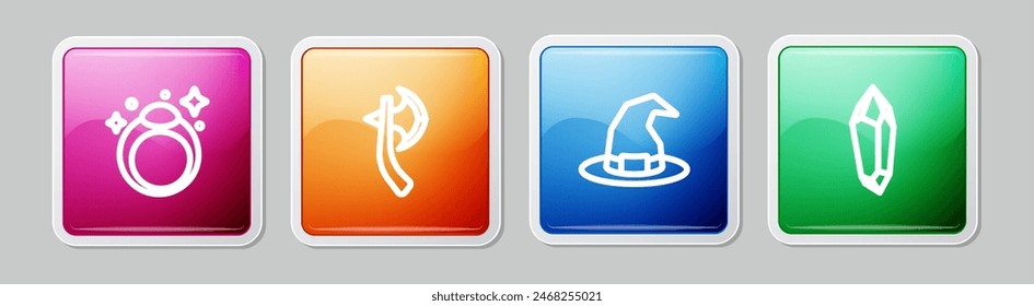 Set line Anillo de piedra mágica, hacha de madera, sombrero de bruja y . Botón cuadrado colorido. Vector