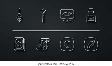 Set line Magic stone, Tarot cards, Bottle with potion, Moon and stars, scroll, wand,  and  icon. Vector