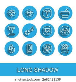 Set line Magic stone, Tarot cards, Sun, ball, Old key, Masons and Earth element icon. Vector