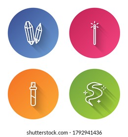 Fijar la línea Mágica de piedra, varita con poción de amor y niebla o humo. Botón de círculo de color. Vector