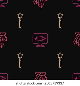 Set línea Magic piedra, varita y en patrón sin fisuras. Vector