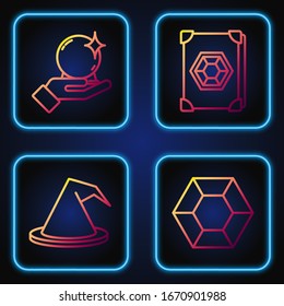 Fije la línea Magic stone, Witch hat, Magic ball on hand y Ancient Magic book. Iconos de color degradado. Vector