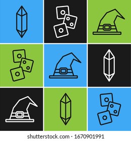 Fije la línea Magic stone, Witch hat and Game dice icon. Vector