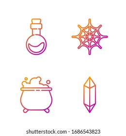 Fijar la línea Mágica de piedra, Caldera de Brujas, Botella con poción de amor y telaraña. Iconos de color degradado. Vector